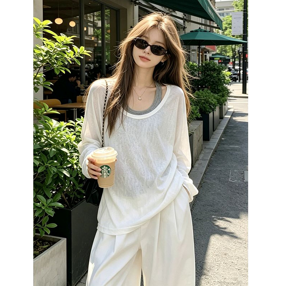 White Lazy Style Long Sleeve Two Piece Set Women Summer Loose Relaxed Plus Size Sun Protection Cover Up Vest Set