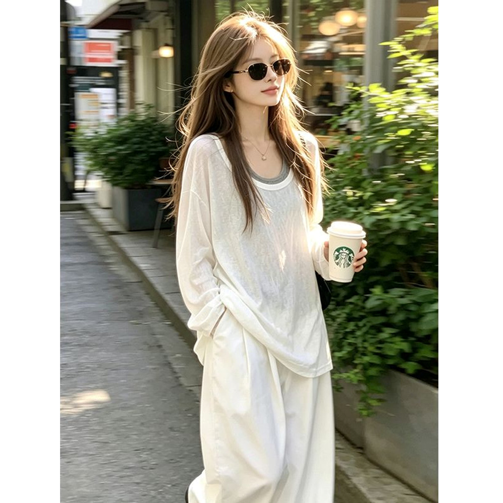 White Lazy Style Long Sleeve Two Piece Set Women Summer Loose Relaxed Plus Size Sun Protection Cover Up Vest Set
