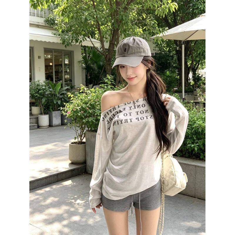 Women’s Lyocell Snowflake Cotton Letter Print One-Shoulder Lightweight Long-Sleeve T-Shirt Summer Loose Waist Sun Protection Top