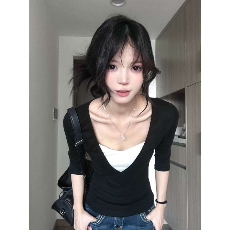 Modal Rayon Black V-Neck Faux Two-Piece Long Sleeve T-Shirt Women Slimming Base Layer Korean Style Top