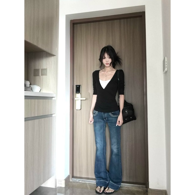 Modal Rayon Black V-Neck Faux Two-Piece Long Sleeve T-Shirt Women Slimming Base Layer Korean Style Top - Image 4