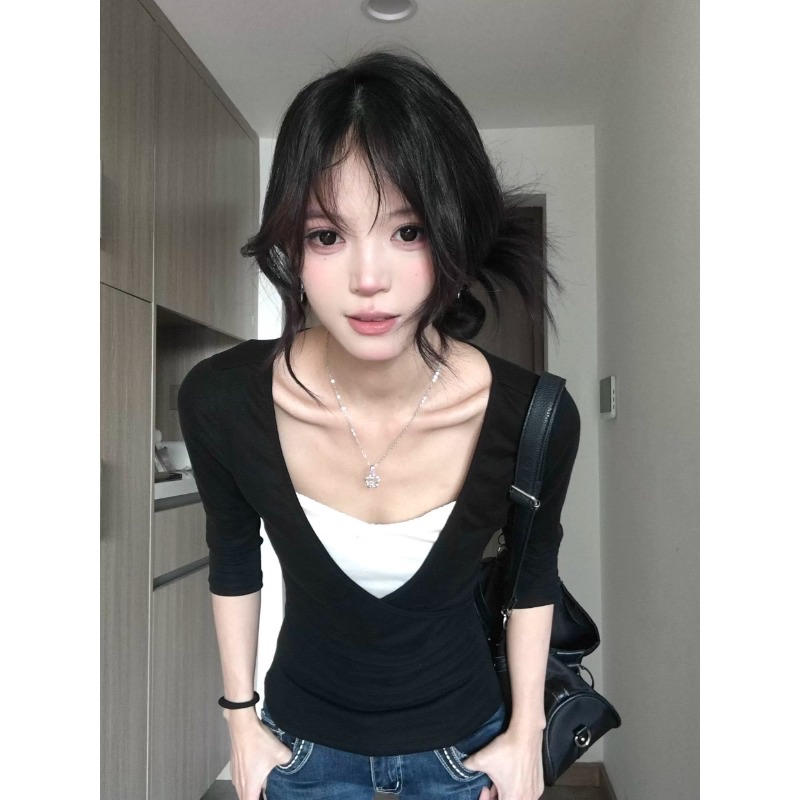 Modal Rayon Black V-Neck Faux Two-Piece Long Sleeve T-Shirt Women Slimming Base Layer Korean Style Top - Image 5