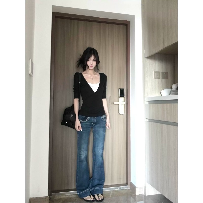 Modal Rayon Black V-Neck Faux Two-Piece Long Sleeve T-Shirt Women Slimming Base Layer Korean Style Top - Image 2