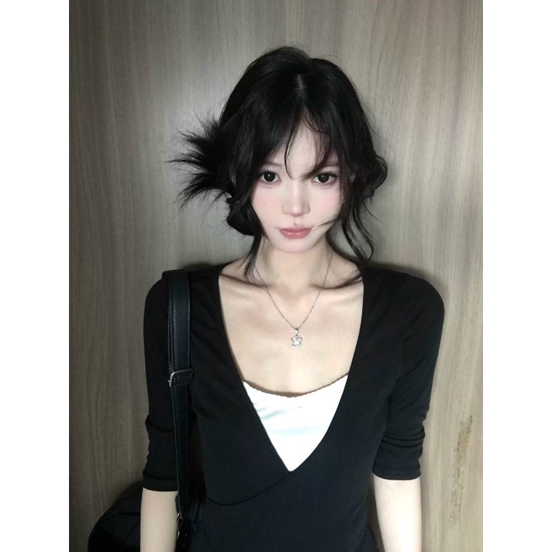 Modal Rayon Black V-Neck Faux Two-Piece Long Sleeve T-Shirt Women Slimming Base Layer Korean Style Top - Image 3