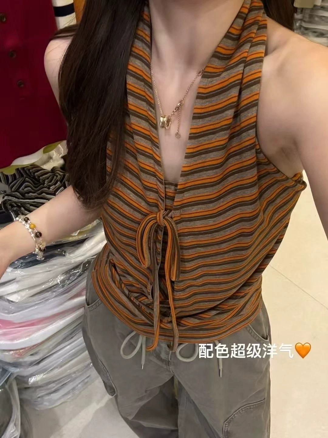 Women’s Halter Striped Tank Top 2026 Summer Korean Style Tie Fake Two-Piece Slimming Sleeveless Shirt