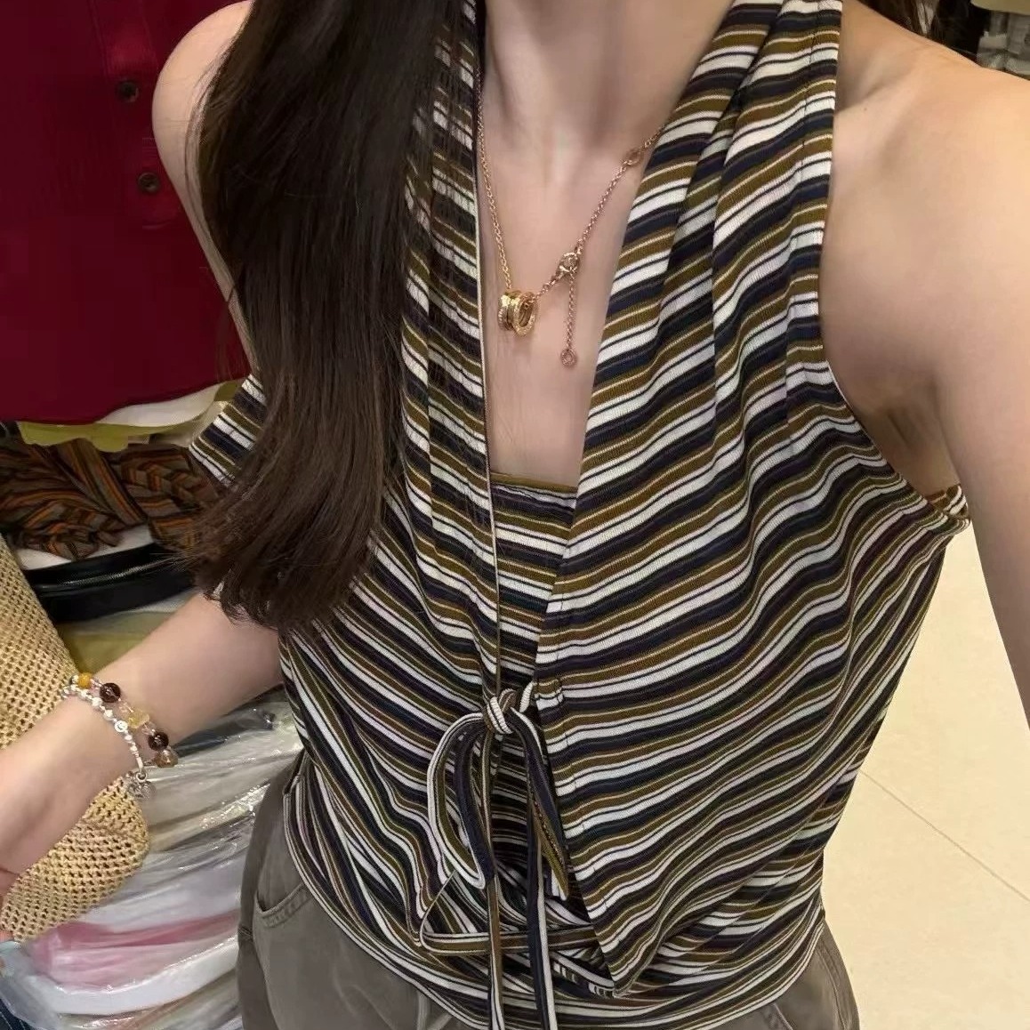 Women’s Halter Striped Tank Top 2026 Summer Korean Style Tie Fake Two-Piece Slimming Sleeveless Shirt