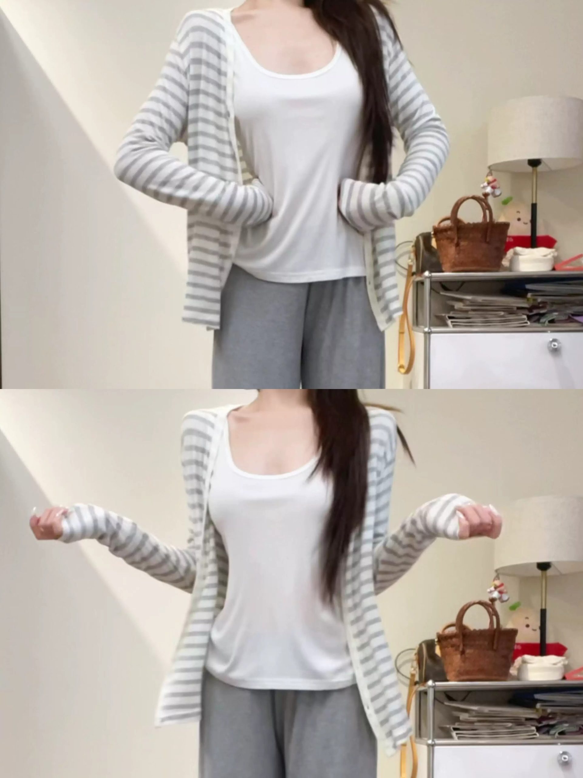 Korean Style Striped Cardigan T-Shirt Women Summer Thin Sun Protection Long Sleeve Loose Casual Top