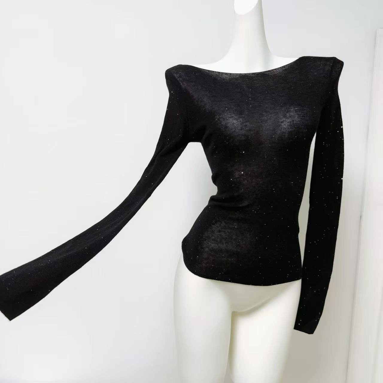 ADA MISS Women’s Sheer Slimming Knit Base Top with Water-Soluble Sequin Yarn Boat Neck