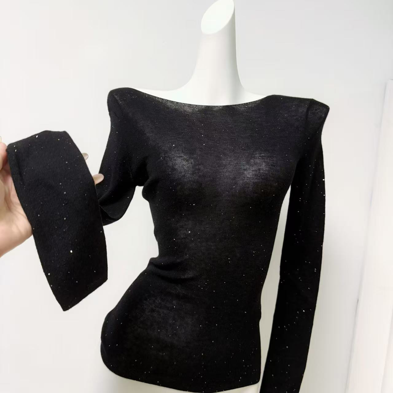 ADA MISS Women's Sheer Slimming Knit Base Top with Water-Soluble Sequin Yarn Boat Neck - Image 4