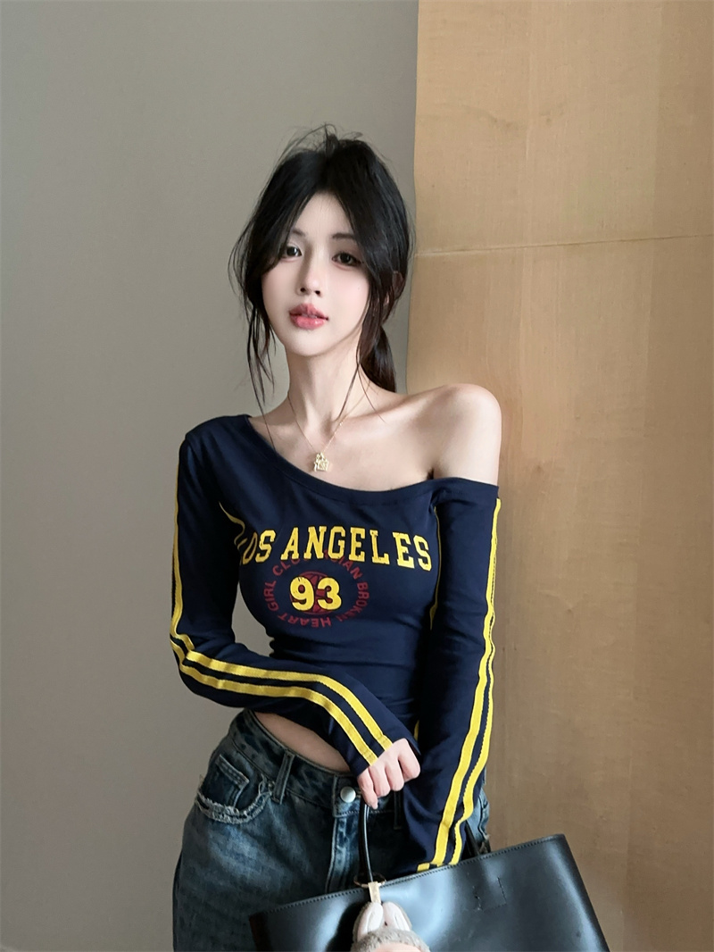 American Retro One-Shoulder Long-Sleeve T-Shirt for Women