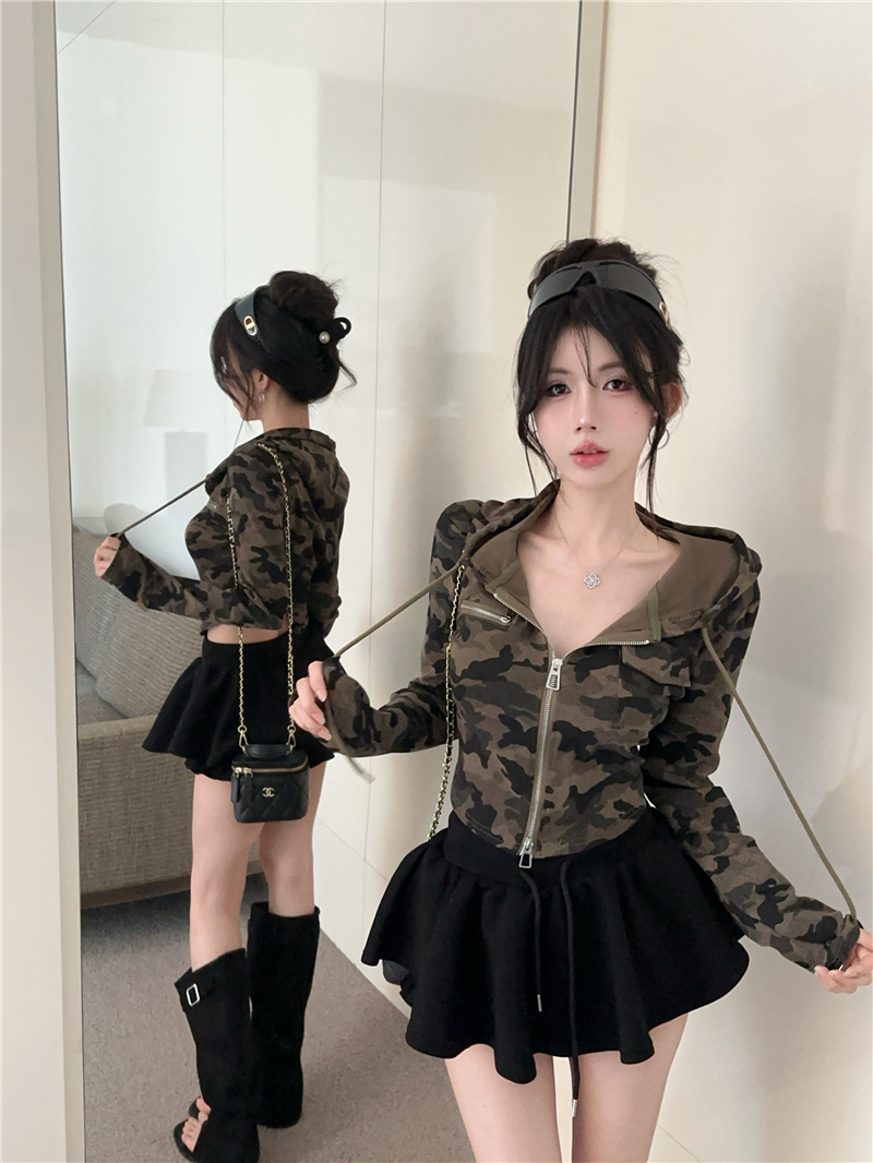 Cropped Camo Hooded Zip-Up Sweatshirt Slim Vintage Cardigan Jacket for Women