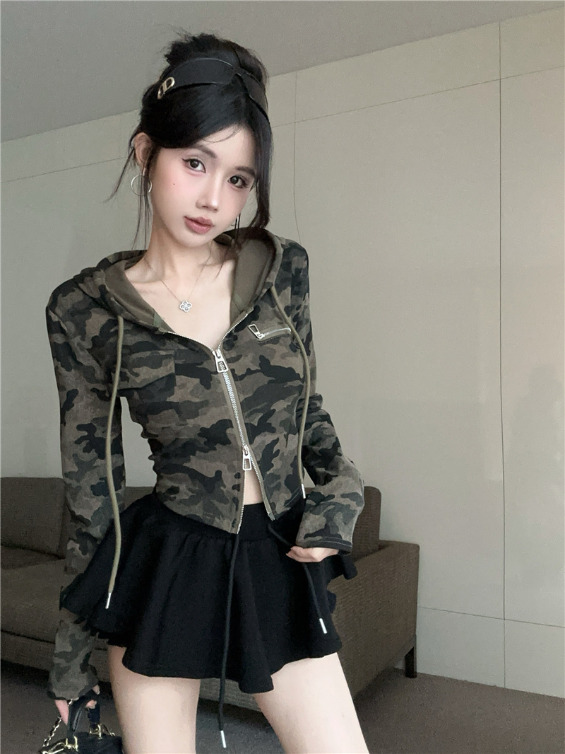 Cropped Camo Hooded Zip-Up Sweatshirt Slim Vintage Cardigan Jacket for Women