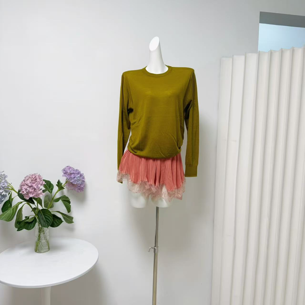 Matcha Green Top and Pink Skirt Knit Set for Women
