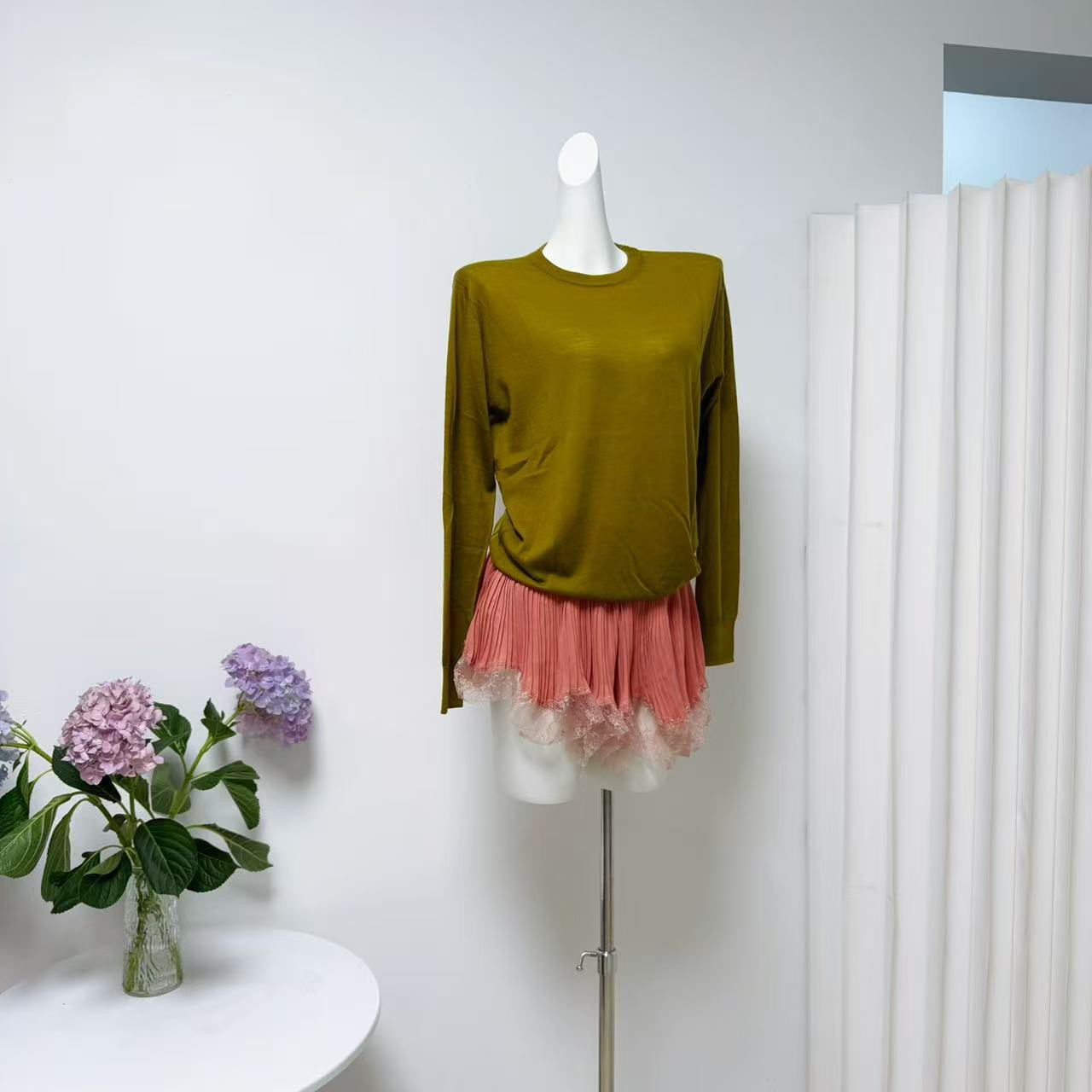 Matcha Green Top and Pink Skirt Knit Set for Women