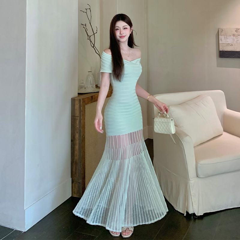 Spring Soft Light Curved Dream Deep V-Neck Bodycon Mermaid Dress Waist-Slimming Knit Long Dress Sexy Elegant
