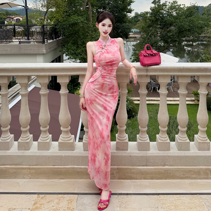 Summer New Sleeveless Slim New Chinese Style Waist-Cinched Pleated Modified Qipao Dress Long Dress High-End Women