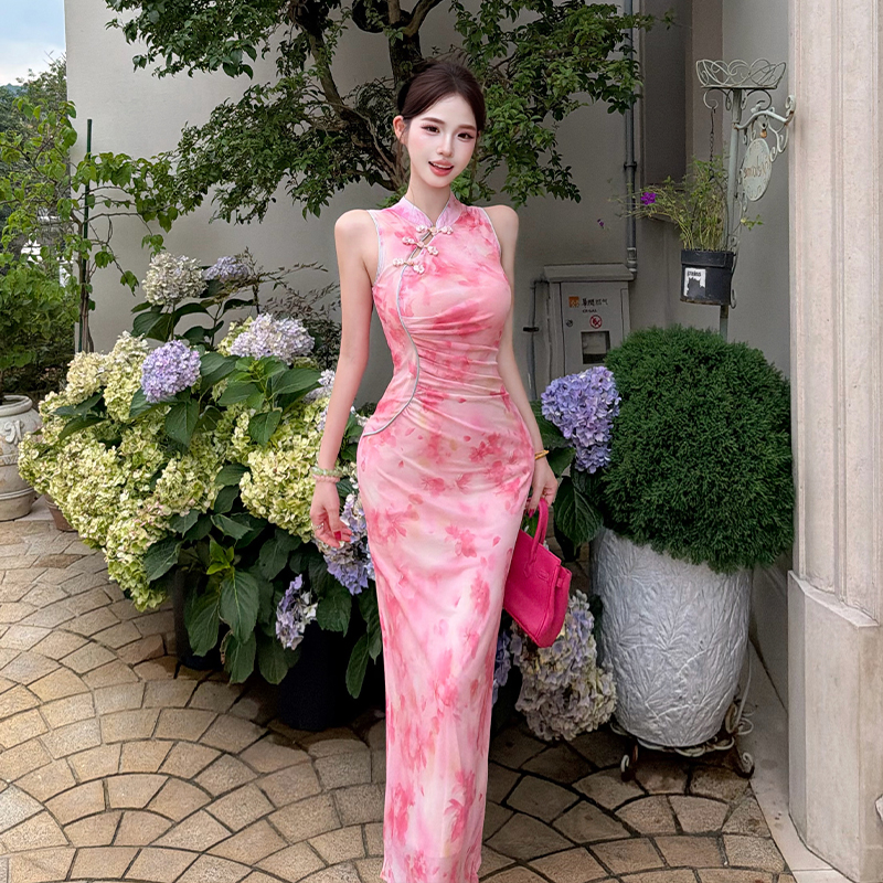 Summer New Sleeveless Slim New Chinese Style Waist-Cinched Pleated Modified Qipao Dress Long Dress High-End Women