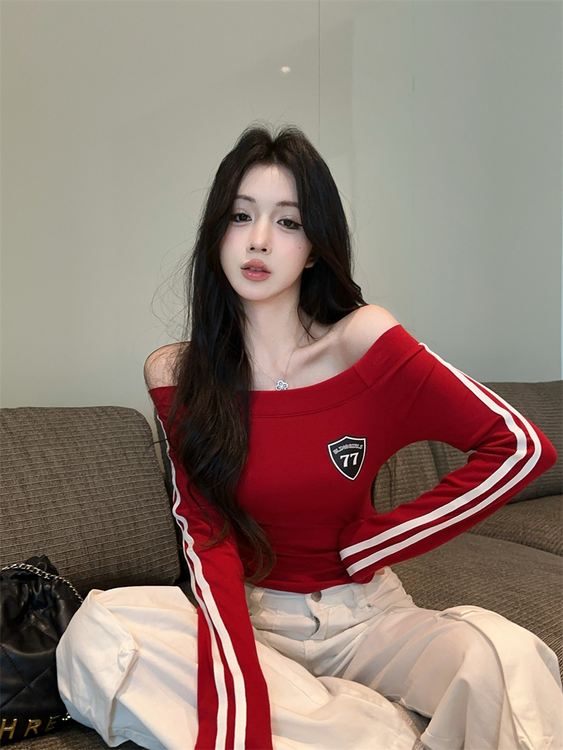 Women’s Off-Shoulder Double-Sided Print Slim Fit Long-Sleeve Top