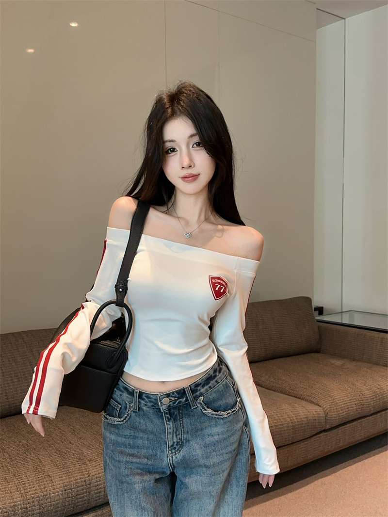 Women’s Off-Shoulder Double-Sided Print Slim Fit Long-Sleeve Top
