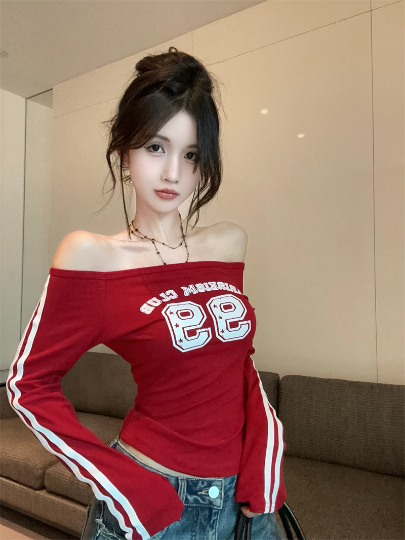 Women’s Off-Shoulder Long-Sleeve Slim-Fit Cropped T-Shirt
