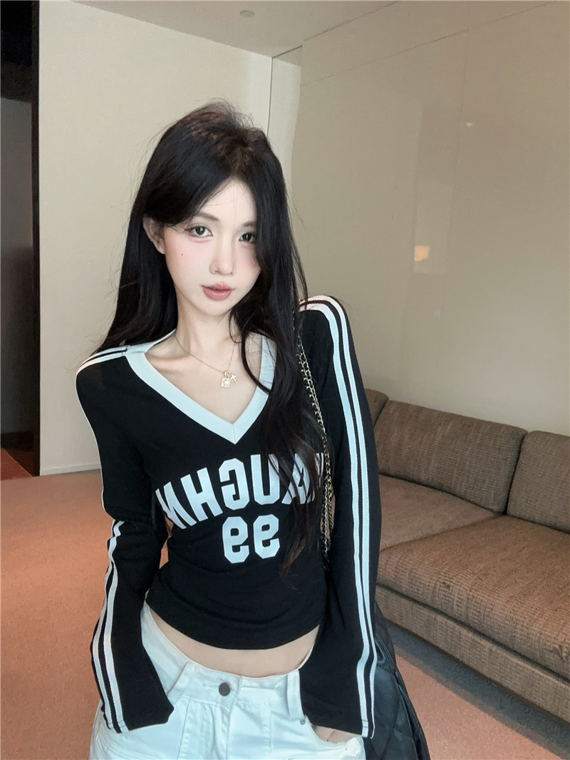 Women's Soccer Style V-Neck Colorblock Long Sleeve T-Shirt Slim Fit Fall Top - Image 4